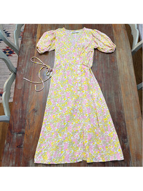 Faithfull the Brand Rafa Floral Puff Sleeve Wrap Midi Dress Pink Yellow XS-US 2